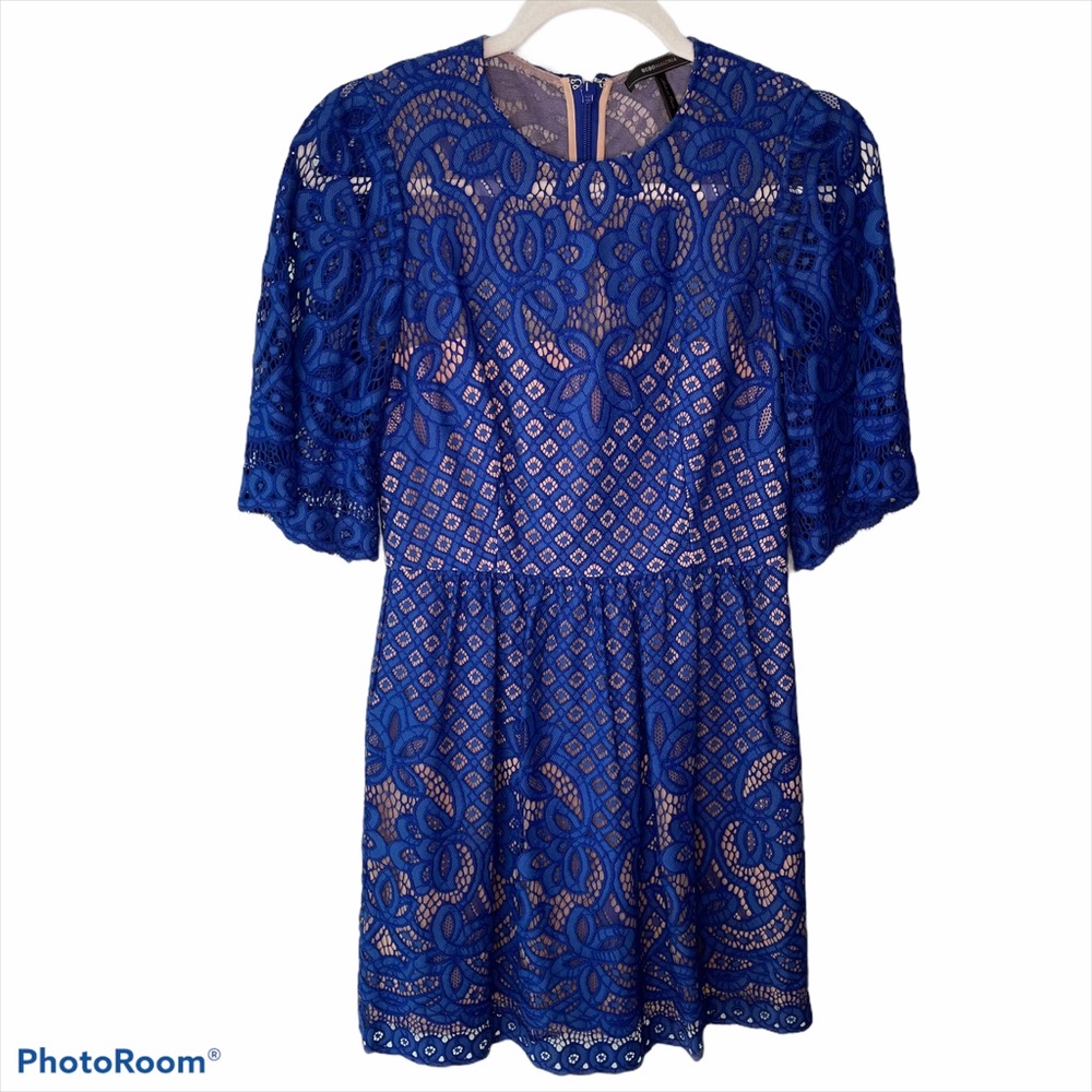 BCBGMaxAzria Blue Lace Dress, Half Sleeve, Pockets